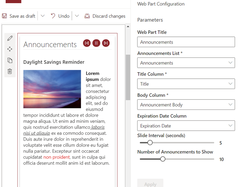 screenshot of Announcements Carousel SharePoint Web Part configuration options