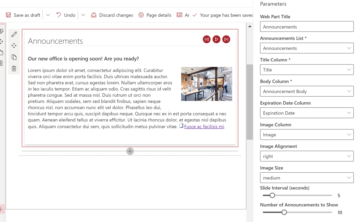 screenshot of Announcements Carousel SharePoint Web Part configuration options