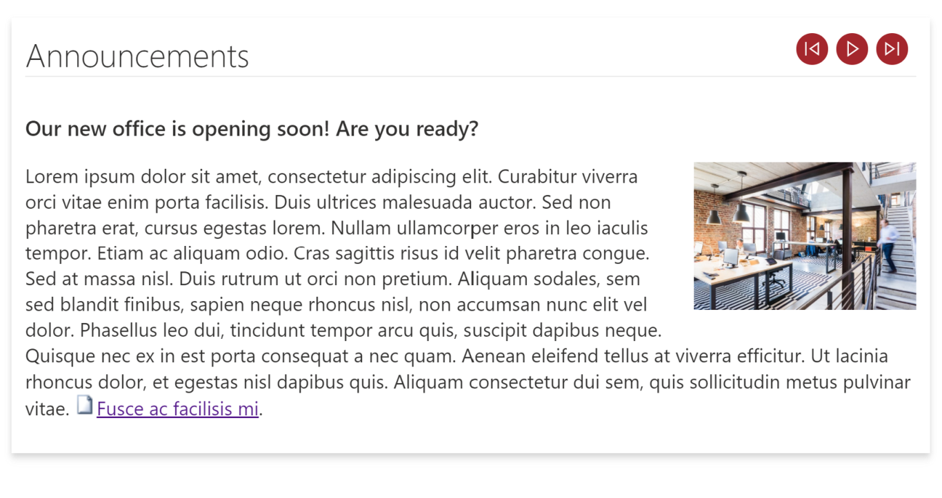 screen shot of announcements carousel SharePoint web part