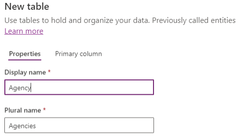 screenshot of Dataverse Tips and - table display name