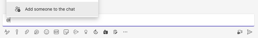 screenshot of adding people to a group chat with an @mention in microsoft teams