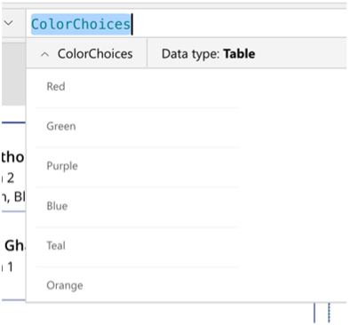 screenshot of ColorChoices collection populated with Red, Green, Purple, Blue, Teal, Orange
