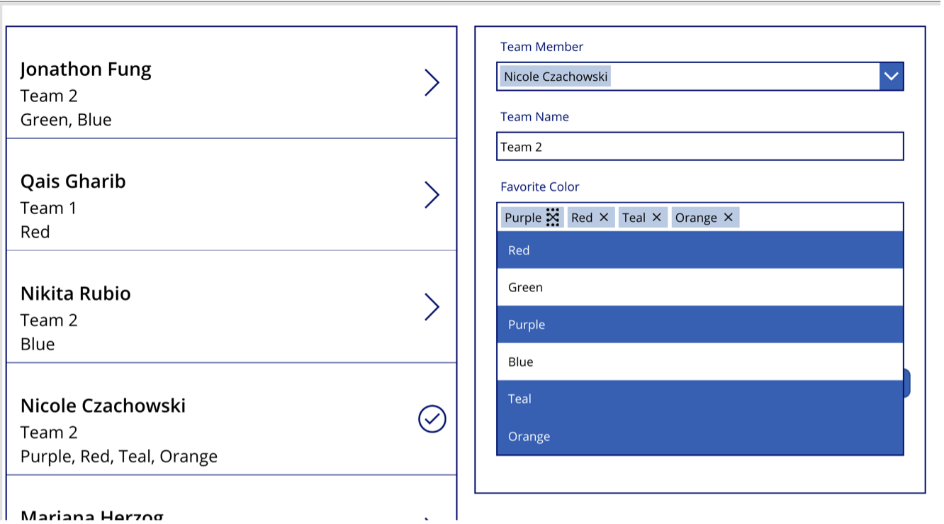 screenshot of Form with Favorite Colors dropdown choices of: Red, Green, Purple, Blue, Teal, Orange