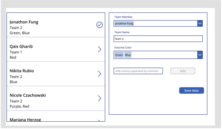 screenshot of Power App with a gallery control populated by the Team Members SharePoint List, and a SharePoint Edit Form control connected to the Team Members SharePoint List