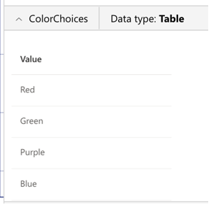 screenshot of ColorChoices collection populated with Red, Green, Purple, Blue default values