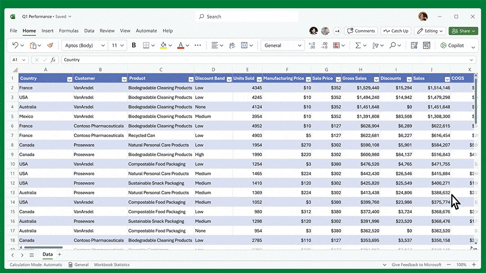 gif of Microsoft 365 Copilot analyzing data in Excel