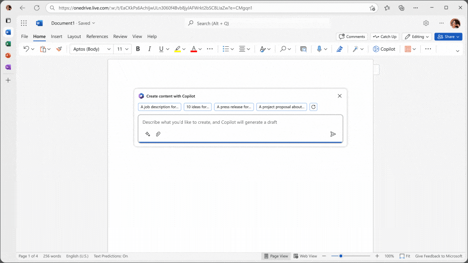 gif of Microsoft 365 Copilot in Word drafting a proposal based on a prompt