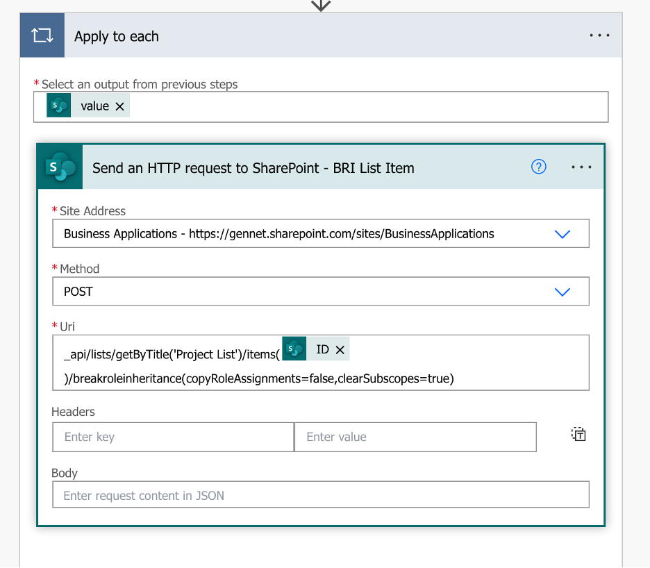 screenshot of Use the Send an HTTP Request to SharePoint action within an Apply to each action in Power Automate to break the role inheritance of the SharePoint List Item
