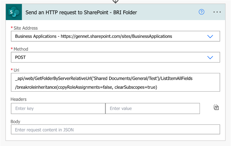 screenshot of Use the Send an HTTP Request to SharePoint action in Power Automate to break the role inheritance of the SharePoint Folder
