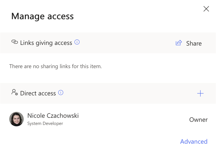 screenshot of To check that the role inheritance was broken successfully, navigate to the target SharePoint Folder and select it, then right click and select Manage Access. The only permissions in the Manage Access pane should be your user with Full Control.