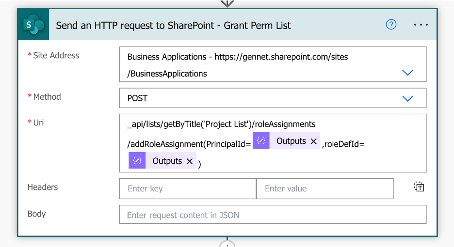 screenshot of Use the Send an HTTP Request to SharePoint action in Power Automate to grant permissions to the SharePoint List