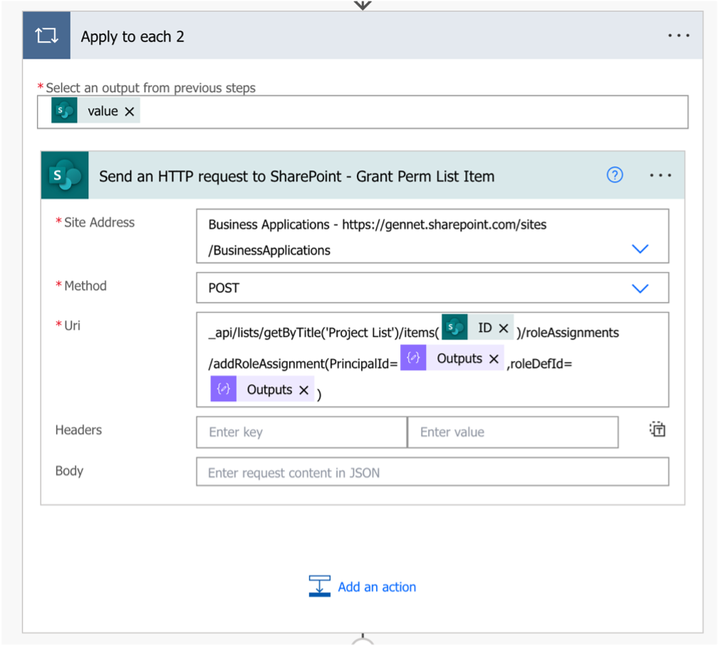 screenshot of Use the Send an HTTP Request to SharePoint action within an Apply to each action in Power Automate to grant permissions to the SharePoint List Item