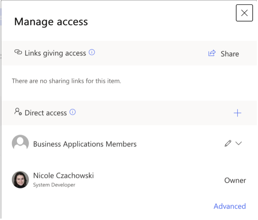 screenshot of To check that the permissions were granted successfully, navigate to the target SharePoint List, select the target list item, then right click and select Manage Access. The permissions in the Manage Access pane should be the target SharePoint Group with the target SharePoint Role, and your user with Full Control. In my example, Business Applications Members now has the Contribute Role (designated by the pencil icon) and I have Full Control.