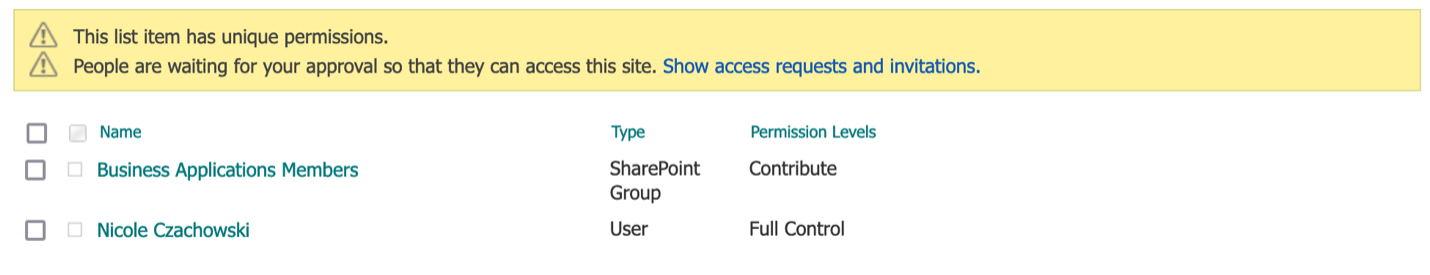 screenshot of Since the Manage Access Pane does not explicitly state the target SharePoint Role given to the target SharePoint Group and instead represents it with generic icons, select Advanced in the lower right corner of the Manage Access pane to view the explicitly stated permissions for this list item.