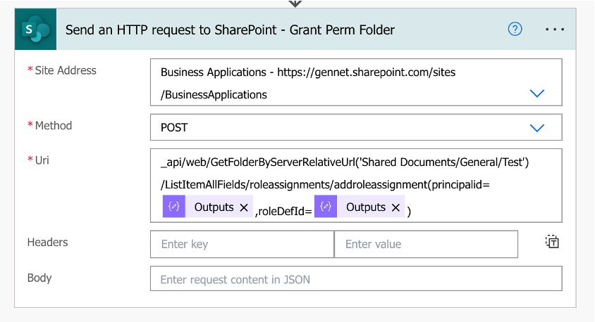 screenshot fo  Use the Send an HTTP Request to SharePoint action in Power Automate to grant permissions to the SharePoint Folder