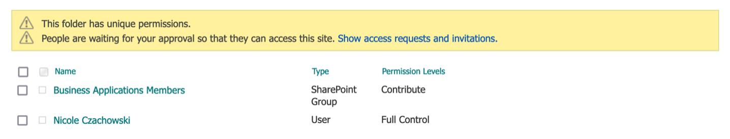 screenshot of Since the Manage Access Pane does not explicitly state the target SharePoint Role given to the target SharePoint Group and instead represents it with generic icons, select Advanced in the lower right corner of the Manage Access pane to view the explicitly stated permissions for this folder.