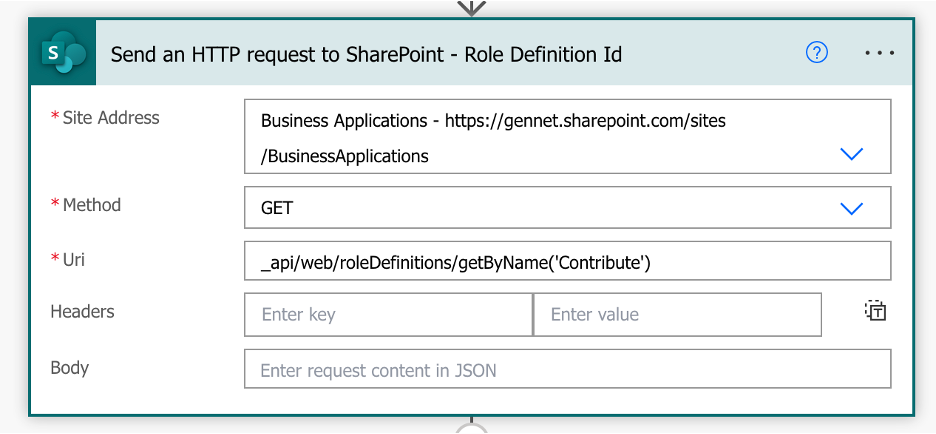 screenshot of Use the Send an HTTP Request to SharePoint action in Power Automate to get the Role’s Role Definition Id