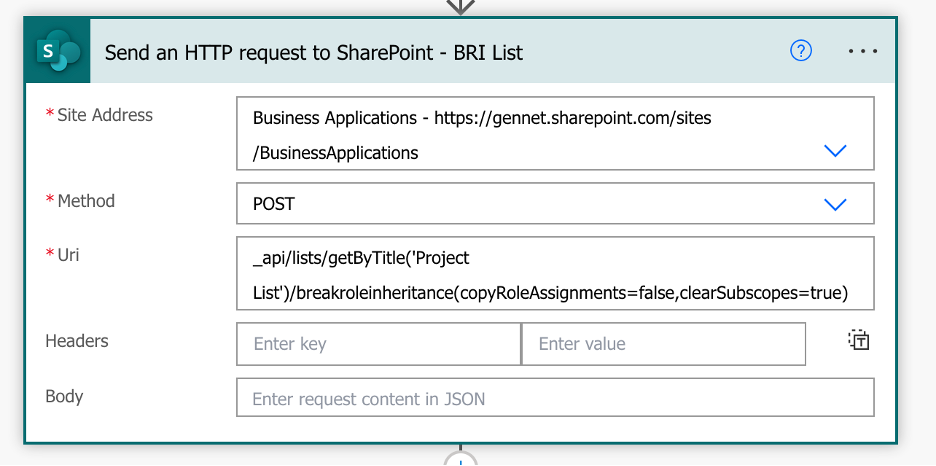 screenshot of Use the Send an HTTP Request to SharePoint action in Power Automate to break the role inheritance of the SharePoint List