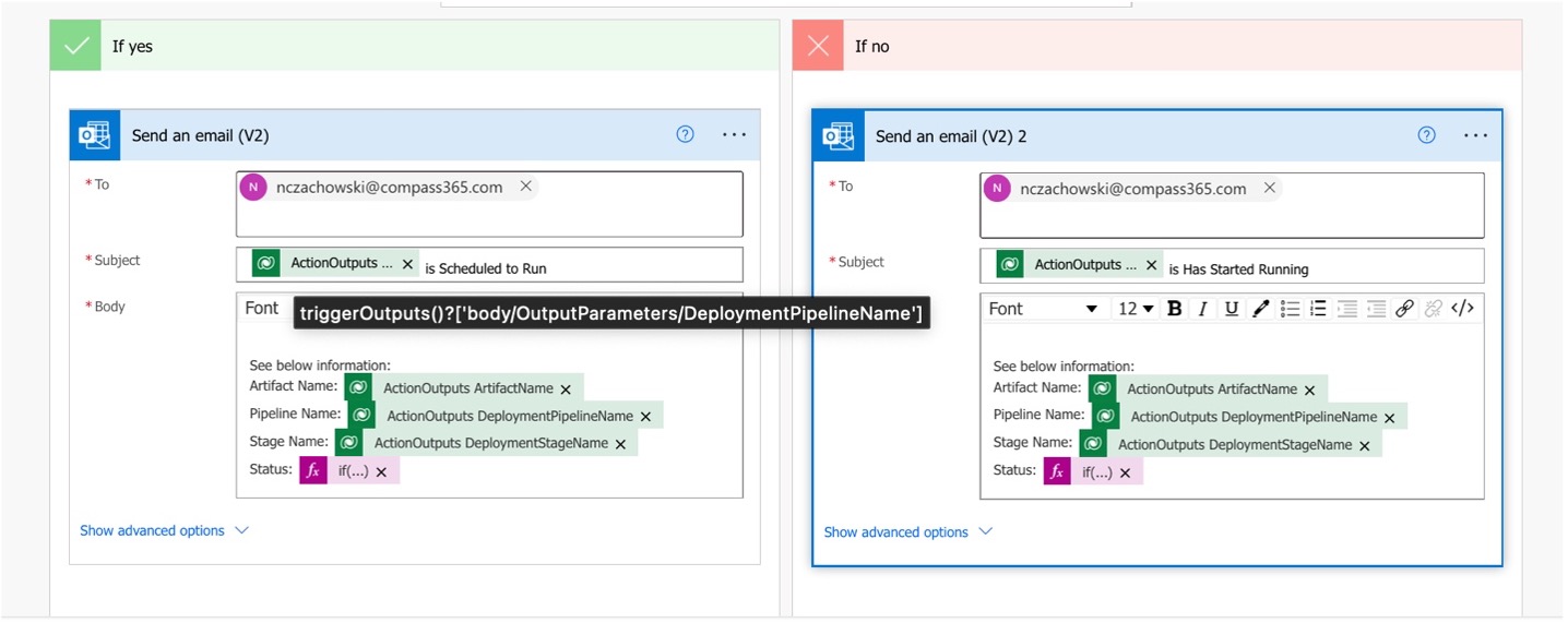 screenshot of If yes/no flow Send an email dialog boxes