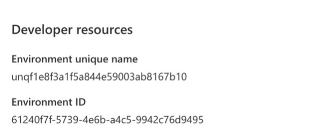 screenshot of Developer resources with the Environment ID