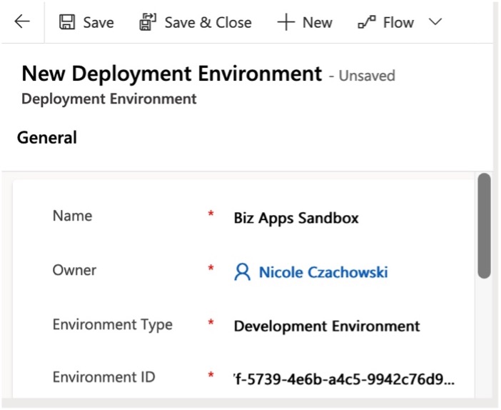 screenshot of filled out New Deployment Environment form for the Development environment