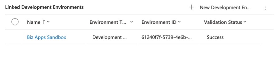 screenshot of Linked Deployment Environments list