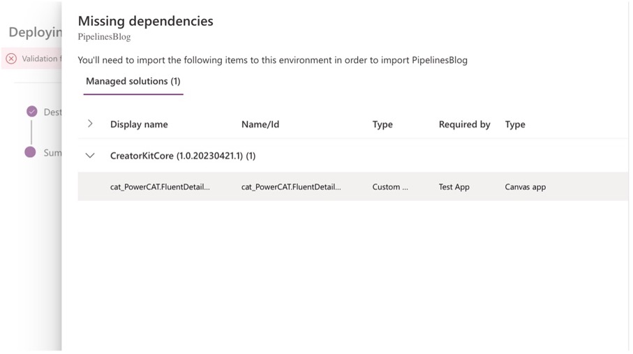 screenshot of Pipelines error notification for Missing dependencies
