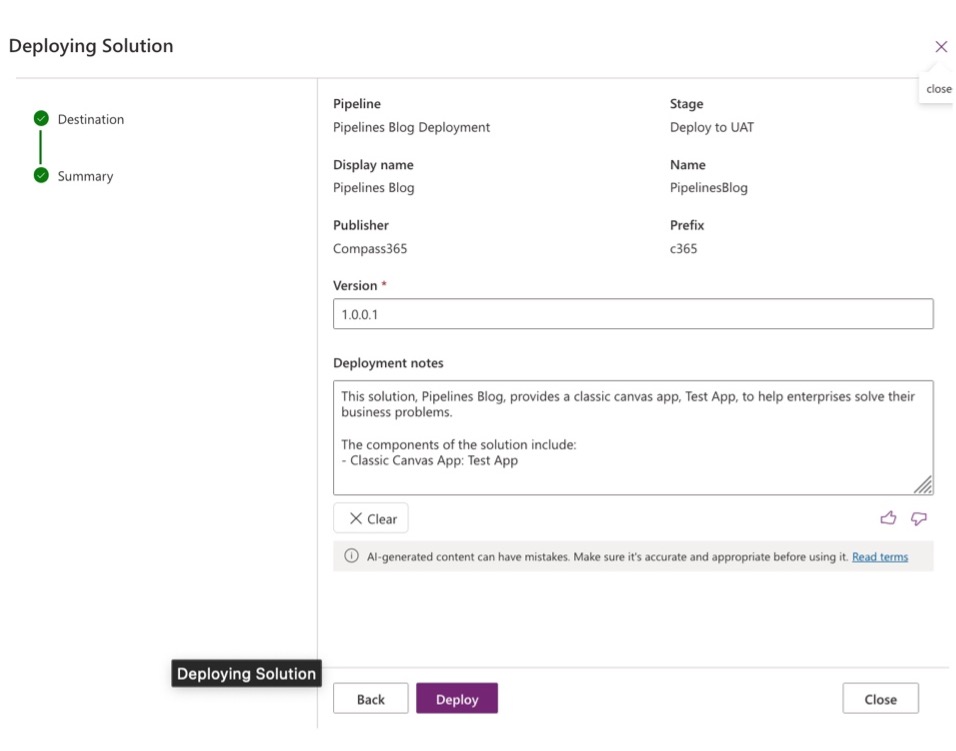 screenshot of Pipelines Summary screen