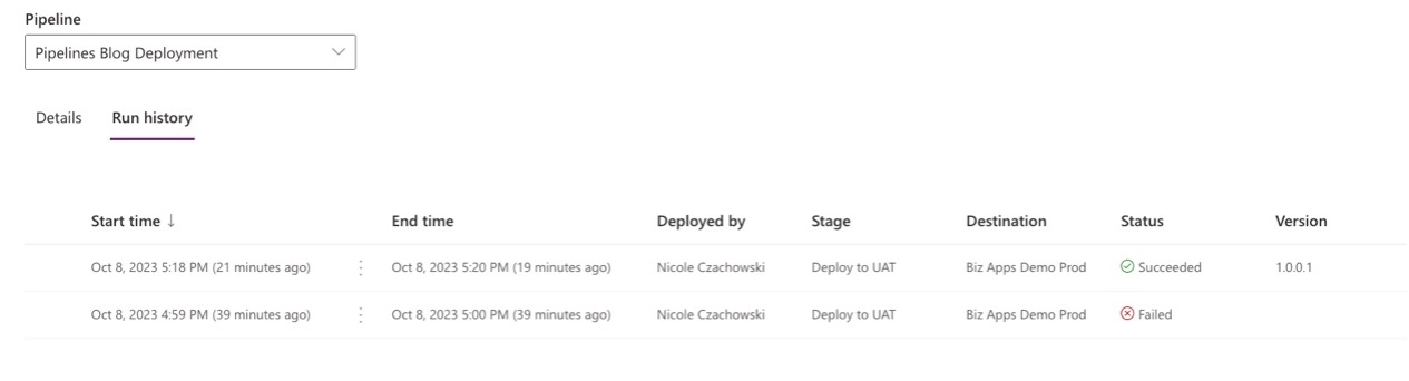 screenshot of Pipelines Run History