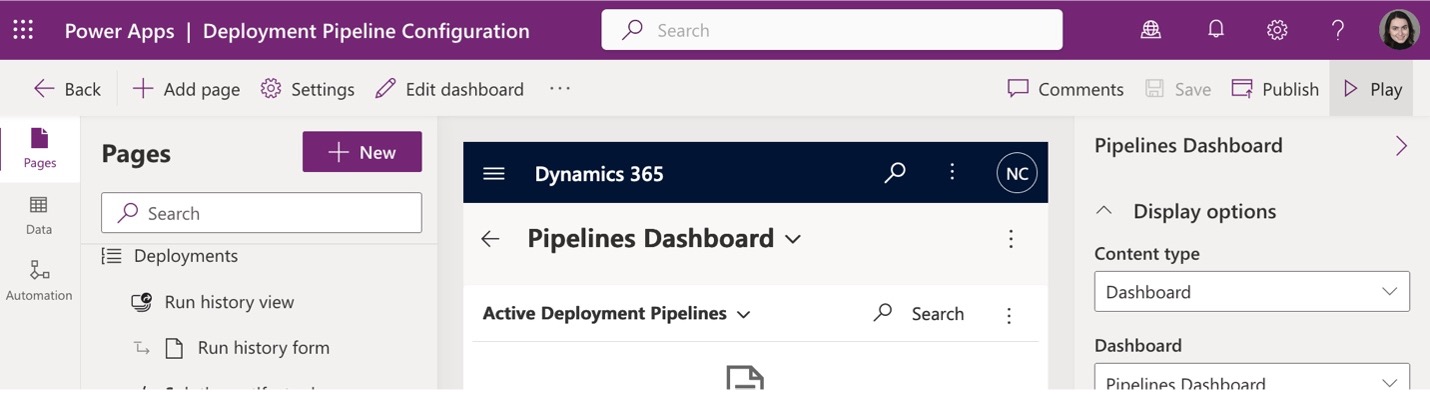 screenshot of the Deployment Pipeline Configuration Canvas App