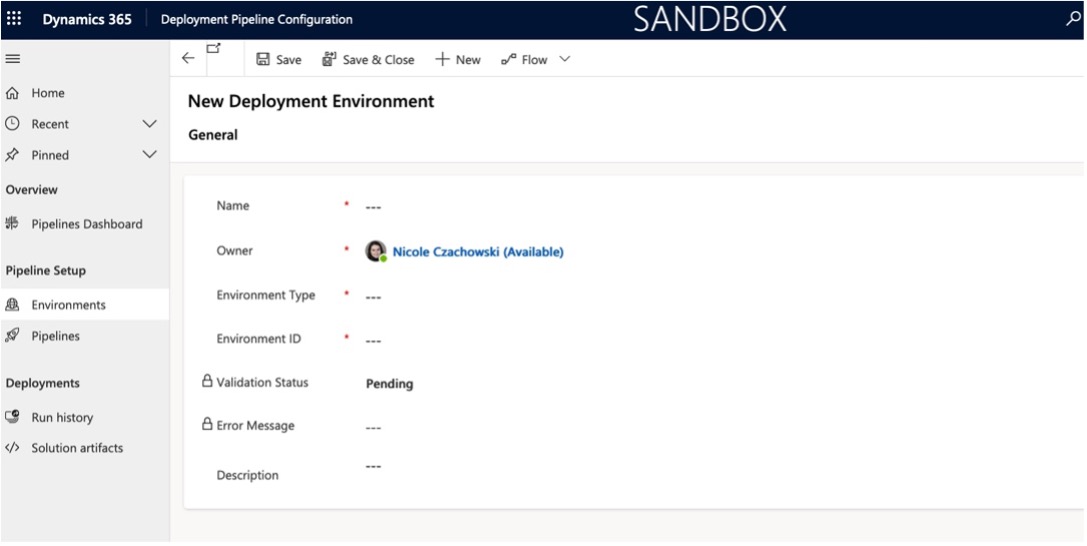 screenshot of the Deployment Pipeline Configuration New Deployment Environment configuration