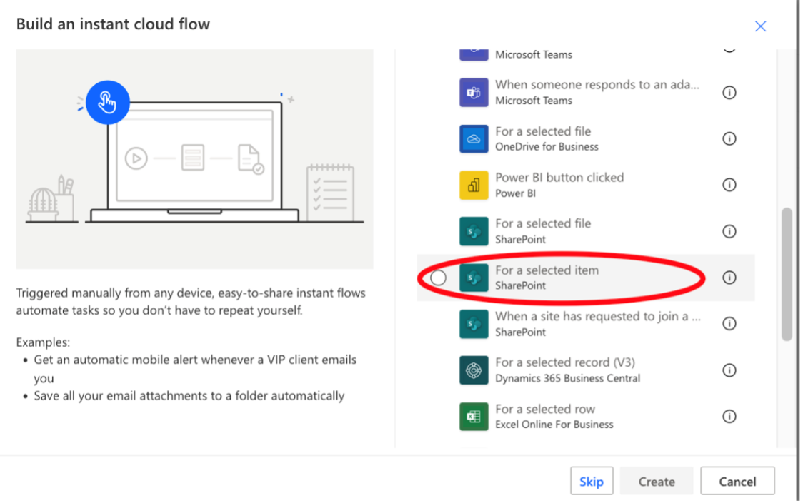 screenshot of For a selected item- SharePoint trigger selection