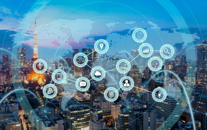 cityscape overlayed with dot matrix world map and digital connection symbols - SharePoint Intranet for Energy Companies The Operational Hub Your Teams Actually Need